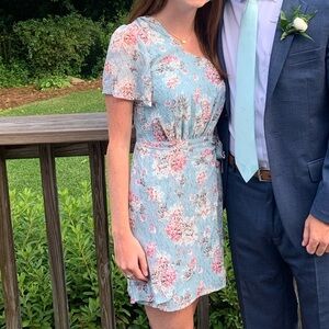 Lulu's Light Blue Floral One Shoulder Mini Dress